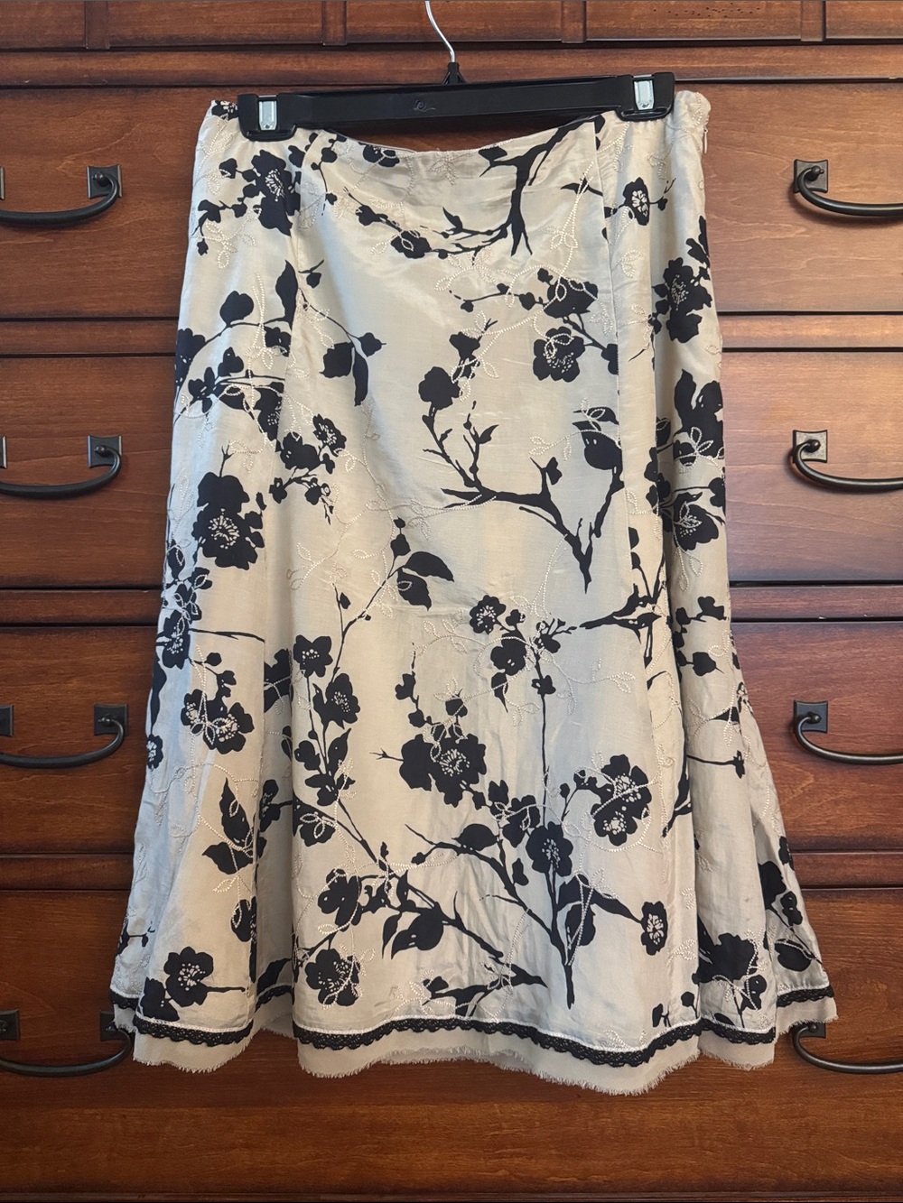White House Black Market Black Floral Print on Cream A-Line Skirt